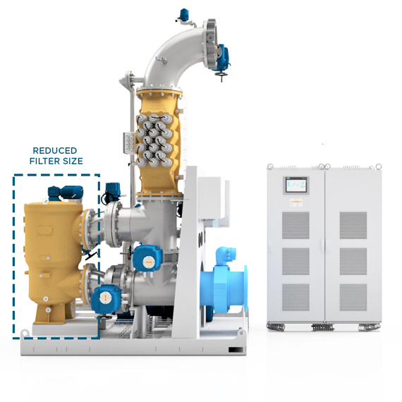 DESMI filtration system with reduced filter size, featuring advanced fluid handling components.