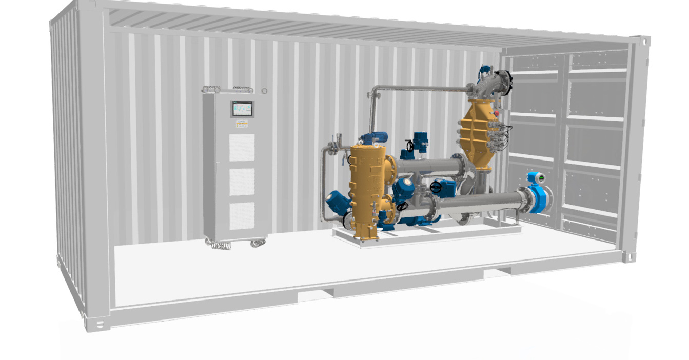 Containerized DESMI pump system for fluid handling with control panel and piping.
