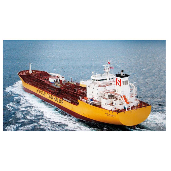 Yellow and red Stolt Tankers ship traveling on the ocean.