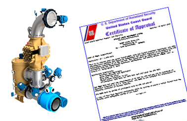 DESMI pump with U.S. Coast Guard certificate for marine applications.