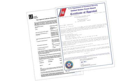 Two official certificates, including a U.S. Coast Guard Certificate of Approval.