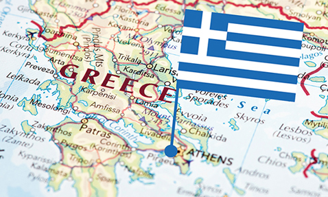 Map of Greece with a flag marking Athens.