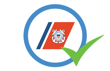 U.S. Coast Guard emblem inside a blue circle with a green checkmark.