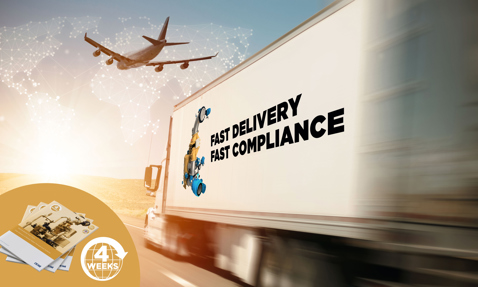Truck with "Fast Delivery, Fast Compliance" message, airplane overhead, brochures shown.