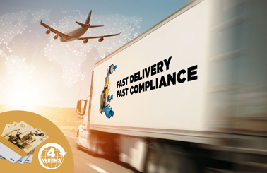 Truck with "Fast Delivery, Fast Compliance" message, airplane overhead, brochures shown.