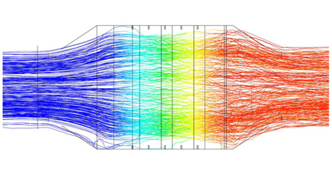Colorful fluid flow simulation with gradient from blue to red, showing velocity changes.