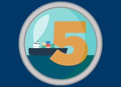 Illustration of a ship with a large number five in the foreground.