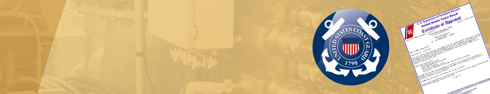 United States Coast Guard logo and certificate of approval on a yellow background.