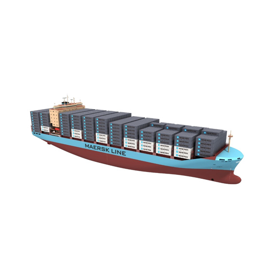 Container ship with "Maersk Line" logo carrying stacked containers on deck.