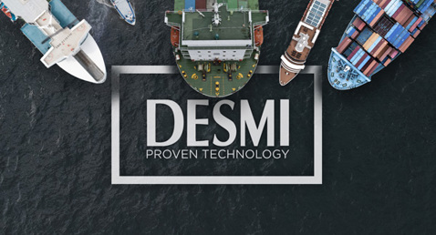 Aerial view of ships with DESMI logo overlayed, highlighting marine technology.