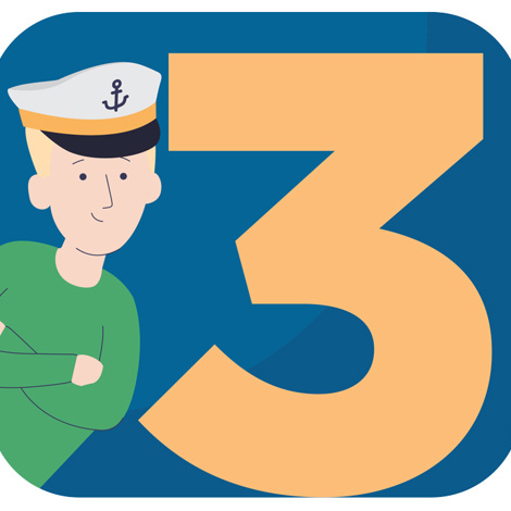 Cartoon sailor with a captain's hat next to a large number three.