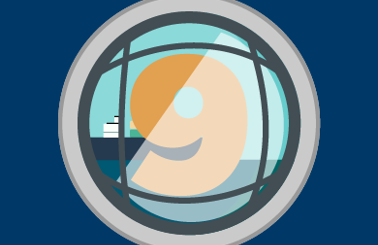 Illustration of a ship and number nine viewed through a circular frame.