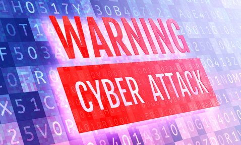 Warning sign indicating a cyber attack, with digital code background.