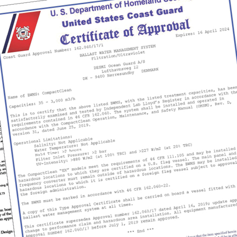 Approval certificates for DESMI CompactClean ballast water management system by Lloyd's and US Coast Guard.