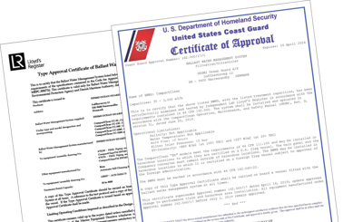 Approval certificates for DESMI CompactClean ballast water management system by Lloyd's and US Coast Guard.
