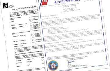 Approval certificates for DESMI CompactClean ballast water management system by Lloyd's and US Coast Guard.