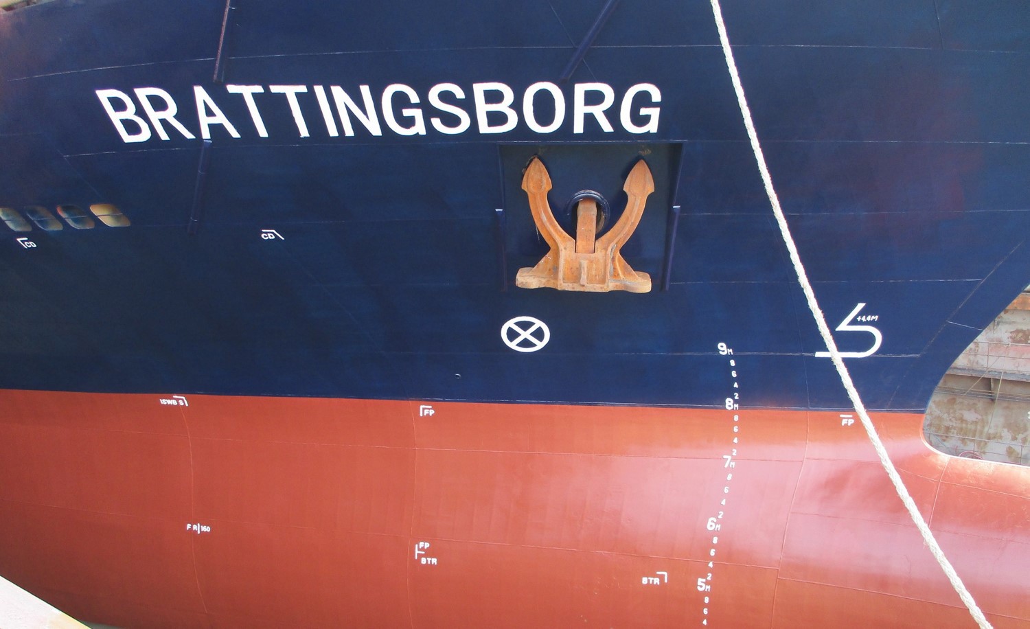Ship hull labeled "BRATTINGSBORG" with visible anchor and draft markings.