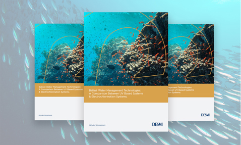 DESMI brochure on ballast water management with coral reef background.