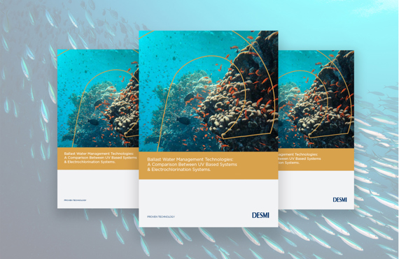 DESMI brochure on ballast water management with coral reef background.