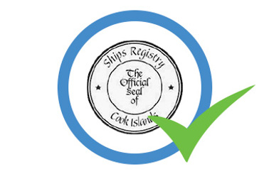 Seal of Cook Islands Ships Registry with a green checkmark.