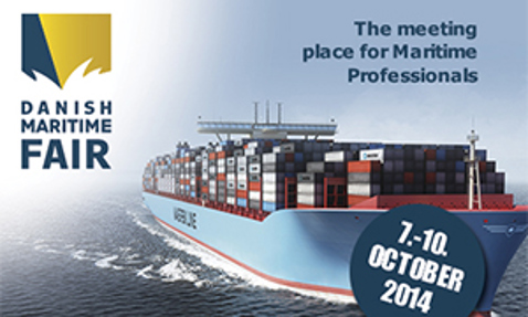 Container ship promoting Danish Maritime Fair, October 7-10, 2014, for maritime professionals.
