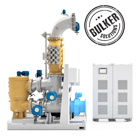 Industrial pump system with control unit, labeled "Bulker Solutions," for fluid handling.