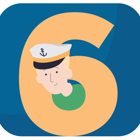Illustration of a sailor in a captain's hat with a large number six.