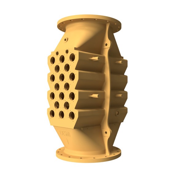 DESMI shell and tube condenser for fluid handling applications, featuring multiple heat exchange tubes.