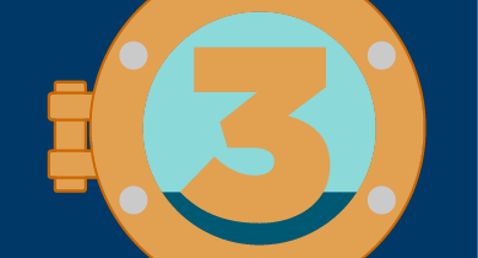 Number three inside a circular porthole on a dark blue background.