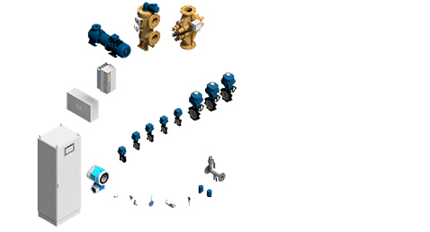 Industrial components assembly, including valves, pumps, sensors, and control panel.