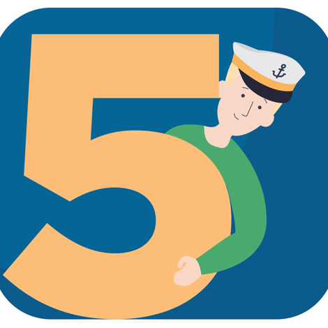 Cartoon sailor peeking from behind a large number five on a blue background.