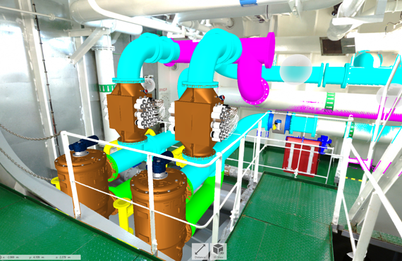 Industrial piping system with color-coded pipes and valves in a mechanical room.
