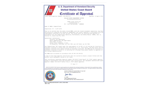 Certificate of Approval for DESMI's CompactClean ballast water management system by US Coast Guard.