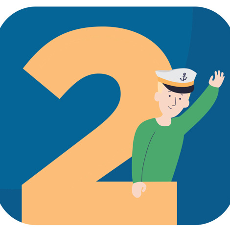 Cartoon sailor waving beside a large orange number two on blue background.