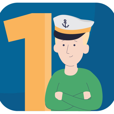 Cartoon sailor in green shirt stands before large number one on blue background.
