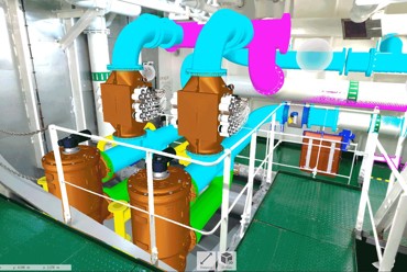 Industrial piping system with valves and connectors in a mechanical room.