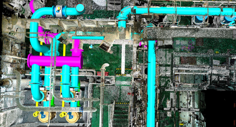 Colorful 3D model of industrial piping system with blue and pink pipes.