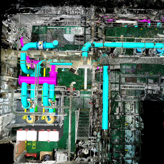 Colorful 3D model of industrial piping system with blue and pink pipes.