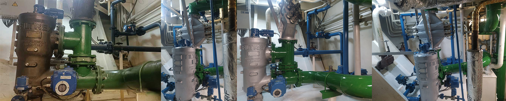 Industrial fluid handling system with pipes, valves, and a DESMI Filtrex filter unit.