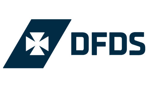 DFDS logo featuring stylized ship wheel and bold lettering.