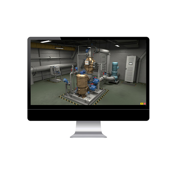 Computer displaying a 3D model of an industrial pump system for fluid handling.