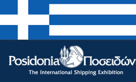 Greek flag and Posidonia International Shipping Exhibition logo on a blue background.