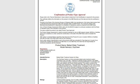 Product approval certificate for DESMI's OxyClean ballast water treatment system.