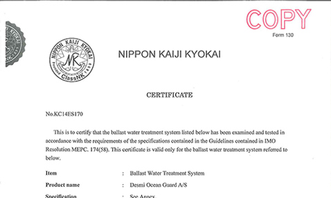 Nippon Kaiji Kyokai certificate for DESMI Ocean Guard ballast water treatment system.