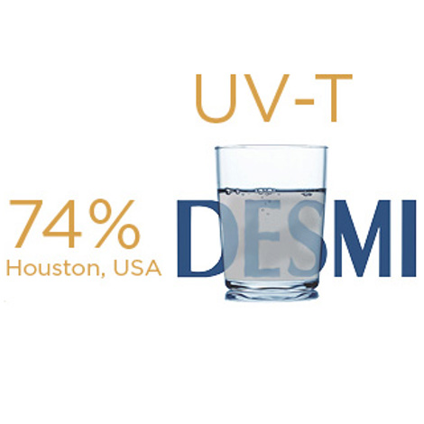 Glass of water with "DESMI," "UV-T," and "74% Houston, USA" text overlay.