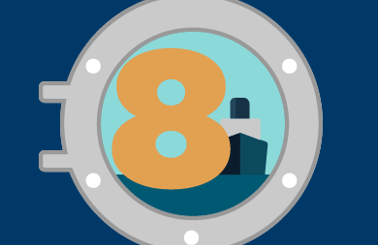 Number eight and ship viewed through a porthole on a blue background.